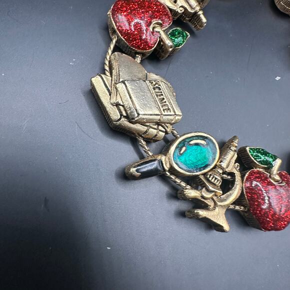 TOFA Vintage School Teacher Student Red Apple Gold Charm Stretch Bracelet Retro - Picture 2 of 13